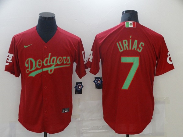 Men's Los Angeles Dodgers #7 Julio Urias Red Green 2020 World Series Stitched Baseball Jersey